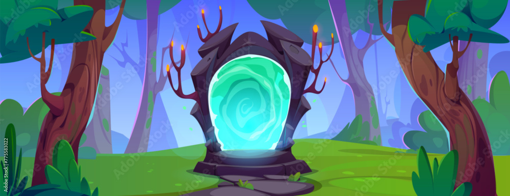 Poster magic portal in stone doorway standing in forest with green trees and grass. cartoon vector game ui 