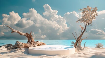A podium at a tropical beach with sand and driftwood against a blue sky background background for product photography - obrazy, fototapety, plakaty