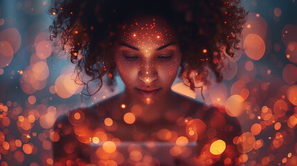 Close up of a young woman's face with advanced facial recognition interface graphics overlaying her features, symbolizing cutting edge biometric technology.