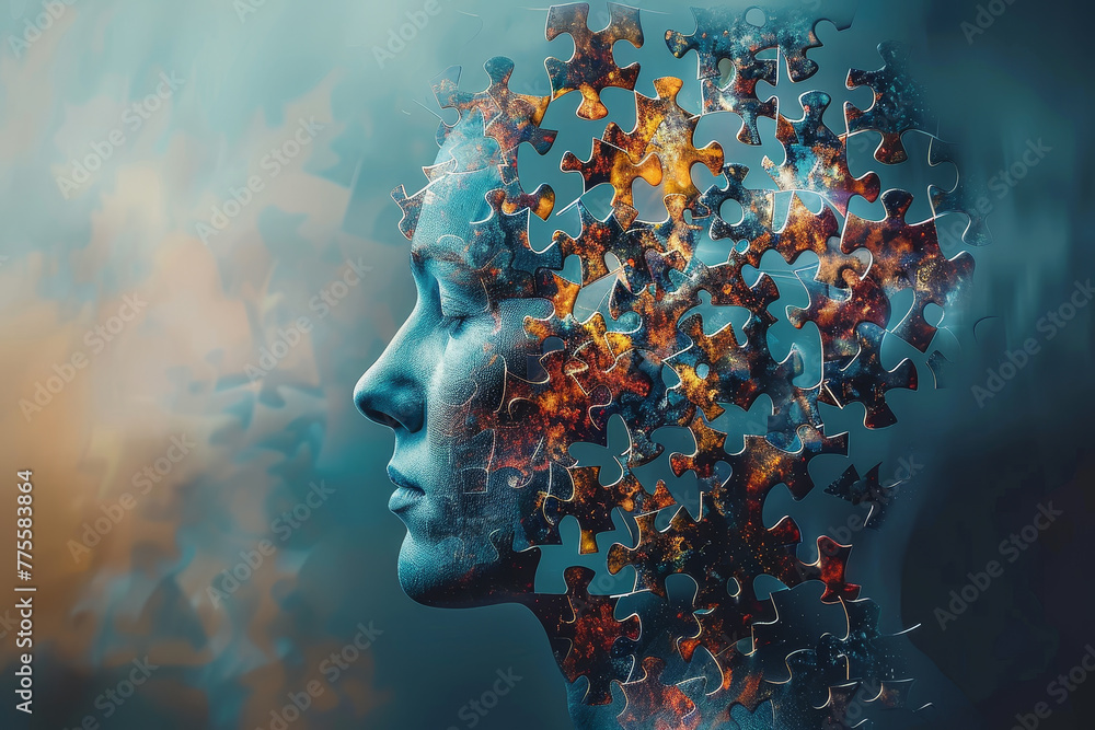 Poster a colorful puzzle of a face with a missing piece