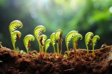 Close up of tiny seeds sprout and grow into vibrant fern plant against the backdrop of fertile soil, the seeds germinate and send out delicate tendrils, reaching towards the light  - obrazy, fototapety, plakaty