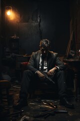 A man is sitting in a dimly lit room, holding a gun in his hand. The room is shadowy, emphasizing the tense and dangerous atmosphere of the scene