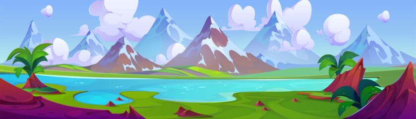 Naklejka premium Tropic river and mountain nature background scene. Lake in summer valley with blue sky and beautiful rock environment cartoon panorama. Wild water stream and green grass abstract terrain backdrop