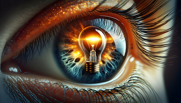 for advertisement and banner as The Innovator Vision An innovator eye reflecting a light bulb symbolizing bright ideas and breakthroughs. in Macro close up eye reflection theme ,Full depth of field, h