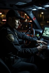 A police officer is seated inside a patrol car, focused on using a laptop for official duties. The officer appears vigilant and engaged in their work, ensuring public safety