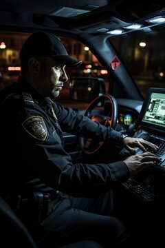 A police officer is seated inside a patrol car, focused on using a laptop for official duties. The officer appears vigilant and engaged in their work, ensuring public safety