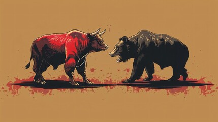 Volatile Stock Market Symbolized by Bull and Bear Vector Design - obrazy, fototapety, plakaty