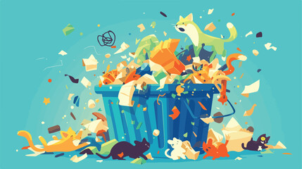 Fototapeta na wymiar Overflowing trash can. Vector unsorted pile of garb