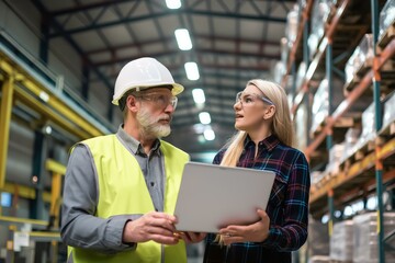 A man and a woman are standing in a warehouse, looking at a laptop. The man is wearing a yellow vest and the woman is wearing glasses. They seem to be discussing something important