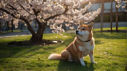 Shiba Inu dog sitting under sakura tree or cherry blossom tree in Japanese garden in afternoon. Generative AI.