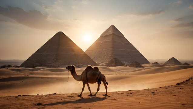 A camel in the desert with a background view of the Giza pyramids and a afternoon clear sky.