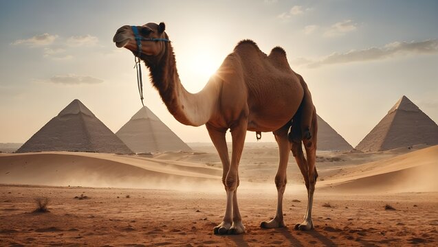 A camel in the desert with a background view of the Giza pyramids and a afternoon clear sky.