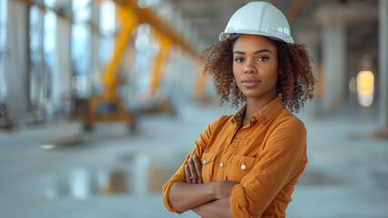 Portrait of a professional female engineer standing with arms crossed confidently, sporting a white hard hat and a yellow shirt, inside a modern building.