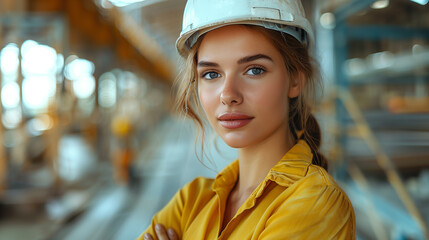 Portrait of a professional female engineer standing with arms crossed confidently, sporting a white hard hat and a yellow shirt, inside a modern building.