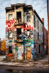 Naklejka premium An old apartment building with boarded-up windows is covered in colorful graffiti. The walls are tagged with various spray-painted designs, giving the structure a worn and neglected appearance