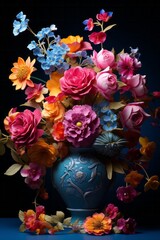 A vibrant array of colorful flowers fills a blue vase, creating a striking still life composition. The flowers are varied in shape and size, adding depth and interest to the arrangement