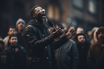 A man named VetalVit A street preacher stands in front of a crowd, passionately delivering a sermon. He holds a microphone, conveying his message with conviction and intensity - obrazy, fototapety, plakaty