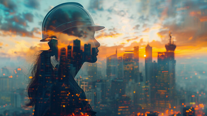 Engineer double exposure image blending the silhouette of a woman's profile with a vibrant urban sunrise over a cityscape, illustrating a connection with urban life. - obrazy, fototapety, plakaty