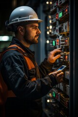A VetalVit technician in a hard hat is working on a switch panel, inspecting and possibly repairing it. The scene shows focused work on electrical components