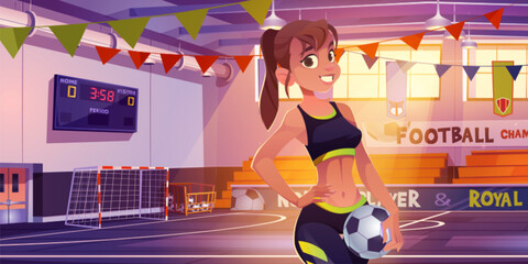 Fototapeta premium Girl with ball in school court for soccer cartoon background. Indoor gym hall room with football playground interior and net gate. Tribune, scoreboard and window in university campus fitness area