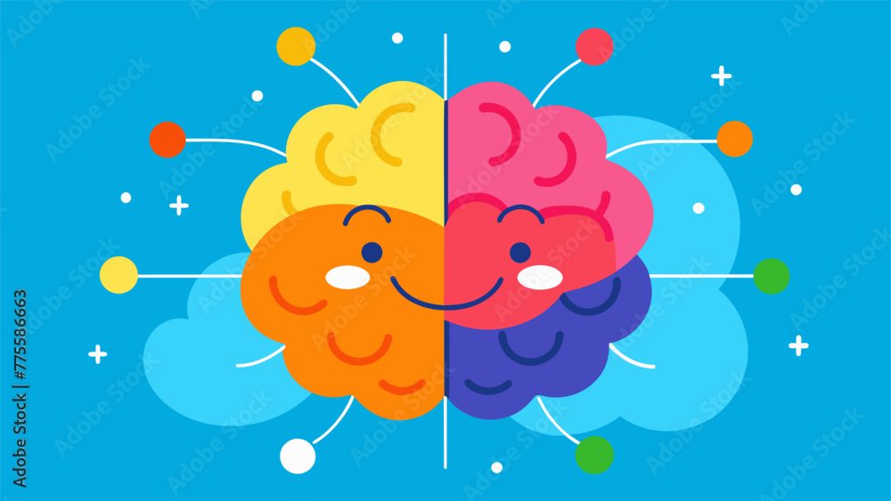 Poster a bright and colorful brain with emotions and their corresponding areas highlighted representing the