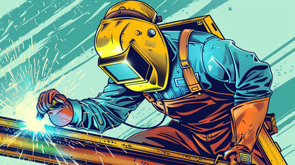 A welder welds a metal structure at a construction site