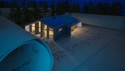 Entwurf eines modernen Gebäudes mit Photofoltaik bei Nacht - 3D Visualisierung - 775586619