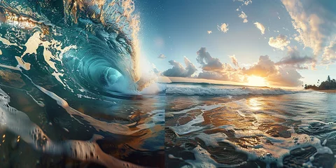 Fotobehang On the north shore of Oahu, Hawaii, a perfect large breaking ocean barrel wave was captured AI-generated Image © Ahmad