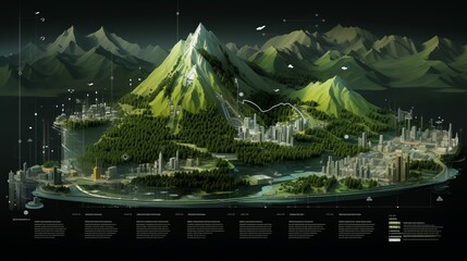a round infographic showing several buildings and trees, in the style of hyper-realistic sci-fi, harmony with nature, industrial machinery aesthetics, mike campau, mountainous vistas, landscape-focuse