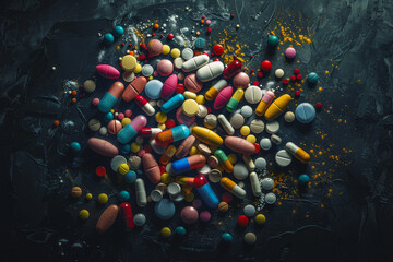 A pile of colorful pills on a dark surface - obrazy, fototapety, plakaty