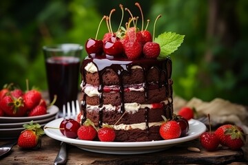 Decadent chocolate cake with creamy frosting and assortment of ripe, fresh berries - obrazy, fototapety, plakaty