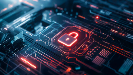Cybersecurity technology concept hi-tech glowing red padlock icon on an intricate cyber circuit board.