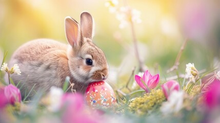 Two rabbits, one fawn and one wood rabbit, are holding an Easter egg in their mouths. This adorable...