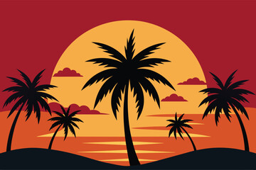 Fototapeta na wymiar Palmetto Summer Sunset vector, Palm tree on abstract tropical print. Orange silhouette
