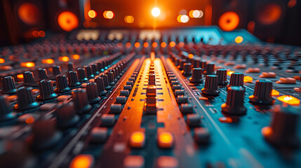 Sure, here's a simplified description based on your input: A professional digital audio mixing console with various buttons and controls, designed for music recording and broadcasting in a studio envi - obrazy, fototapety, plakaty
