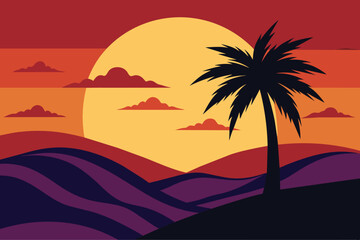 Palmetto Summer Sunset vector, Palm tree on abstract tropical print. Orange silhouette