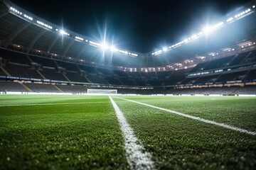 An empty soccer stadium at night with the lights on