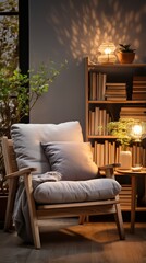 A cozy reading nook with a comfortable chair, a bookshelf, and a lamp