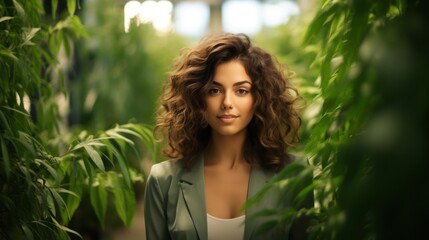 Fototapeta premium Portrait of a young woman standing in a lush green cannabis field