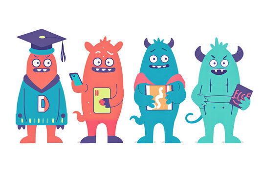 funny cute colorful monsters standing side by side set cartoon mascot illustration