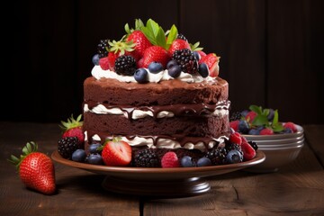 Delicious chocolate cake with whipped cream and fresh berries on wooden background. Selective focus