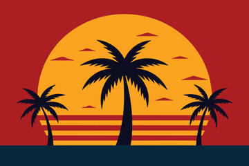 Palmetto Summer Sunset vector, Palm tree on abstract tropical print. Orange silhouette