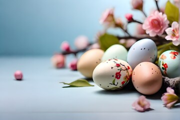 colorful  easter eggs with flowering branches ,light pink background , easter card background 