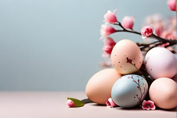 colorful  easter eggs with flowering branches ,light pink background , easter card background 