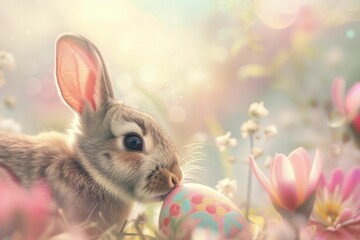 Two rabbits, one fawn and one wood rabbit, are holding an Easter egg in their mouths. This adorable...