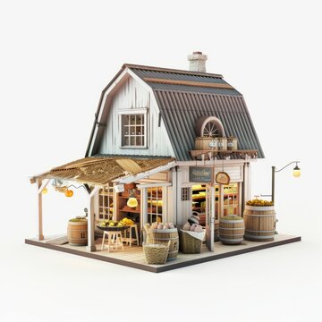 3D Render of a cozy farmers shop with a welcoming atmosphere, on isolated white background, Generative AI