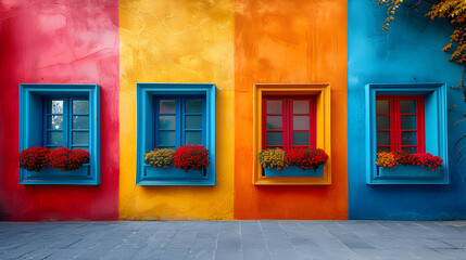 Colorful Windows and Shutters Adorned with Flowers - obrazy, fototapety, plakaty