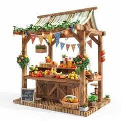 3D Render of a farm food stall adorned with colorful banners and decorations, on isolated white background, Generative AI