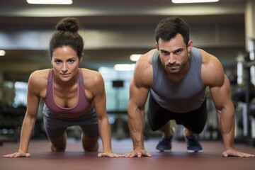 A man and a woman doing push-ups in a gym - obrazy, fototapety, plakaty