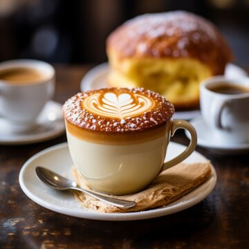 Cappuccino with a beautiful latte art design and a side of pastries